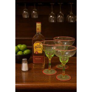 Vintage Hand-Blown Hand-Painted Margarita Glasses Set Of 3 Circa 1950s Red Green